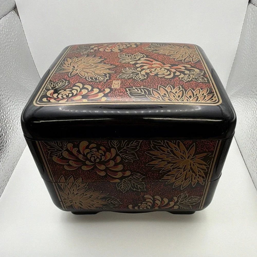 Vintage Japanese Lacquer 3 Tier Stacking Trinket Box Black Red Gold Floral